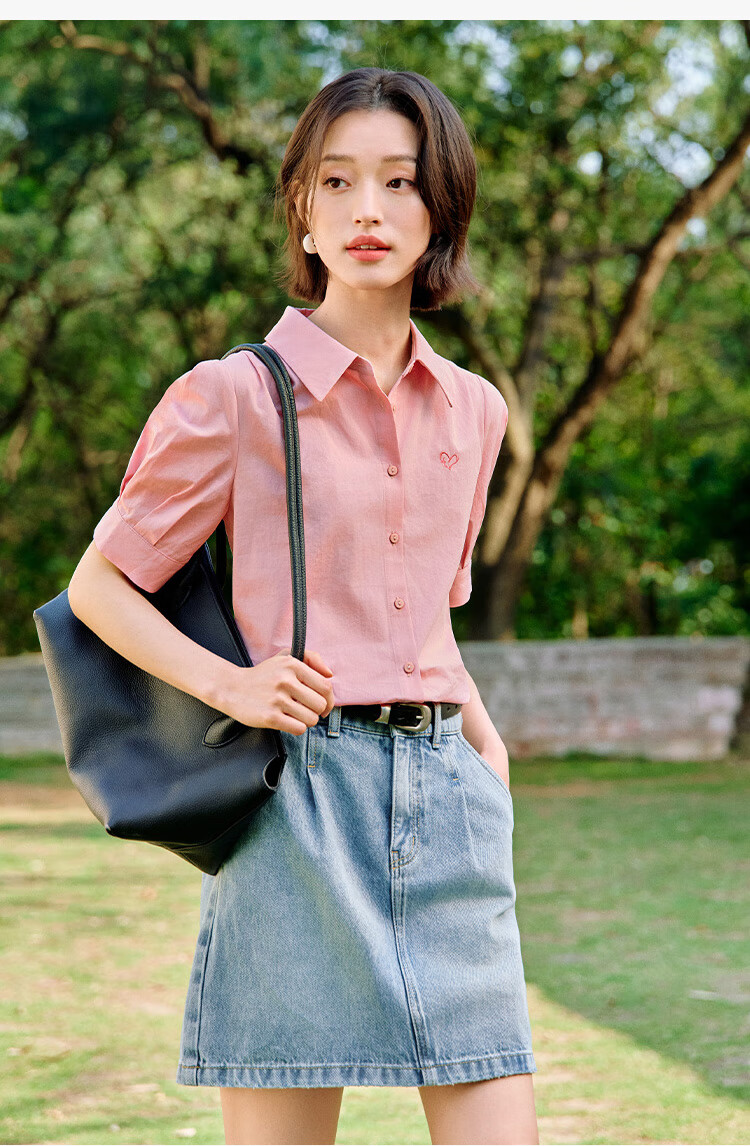 INMAN Commuter Pleated Puff Sleeve Pure Cotton Shirt, Summer Women's Clothing, Turn-Down Collar Embroidered Blouse Top, Light Pink, L 15