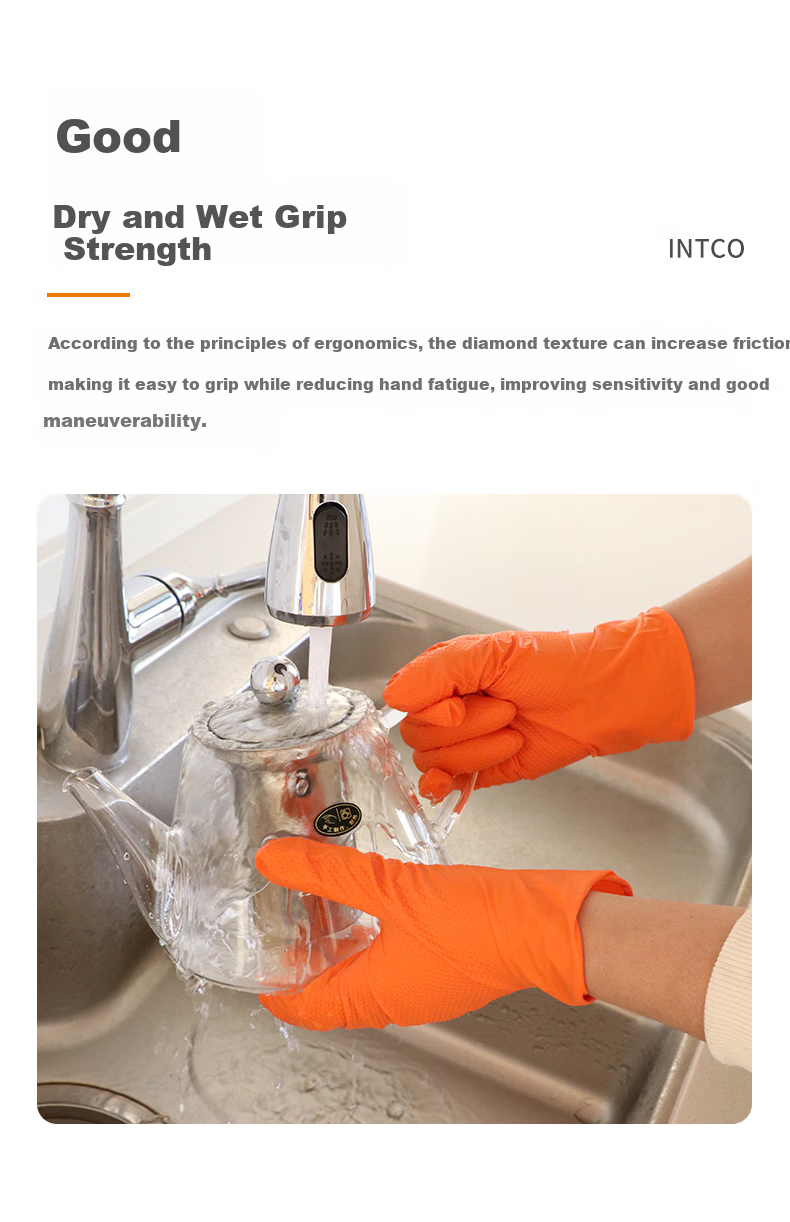INTCO Diamond Pattern Nitrile Gloves, Extra Thick Durable Work Gloves, Orange, 30 Pieces/box, Size L 4