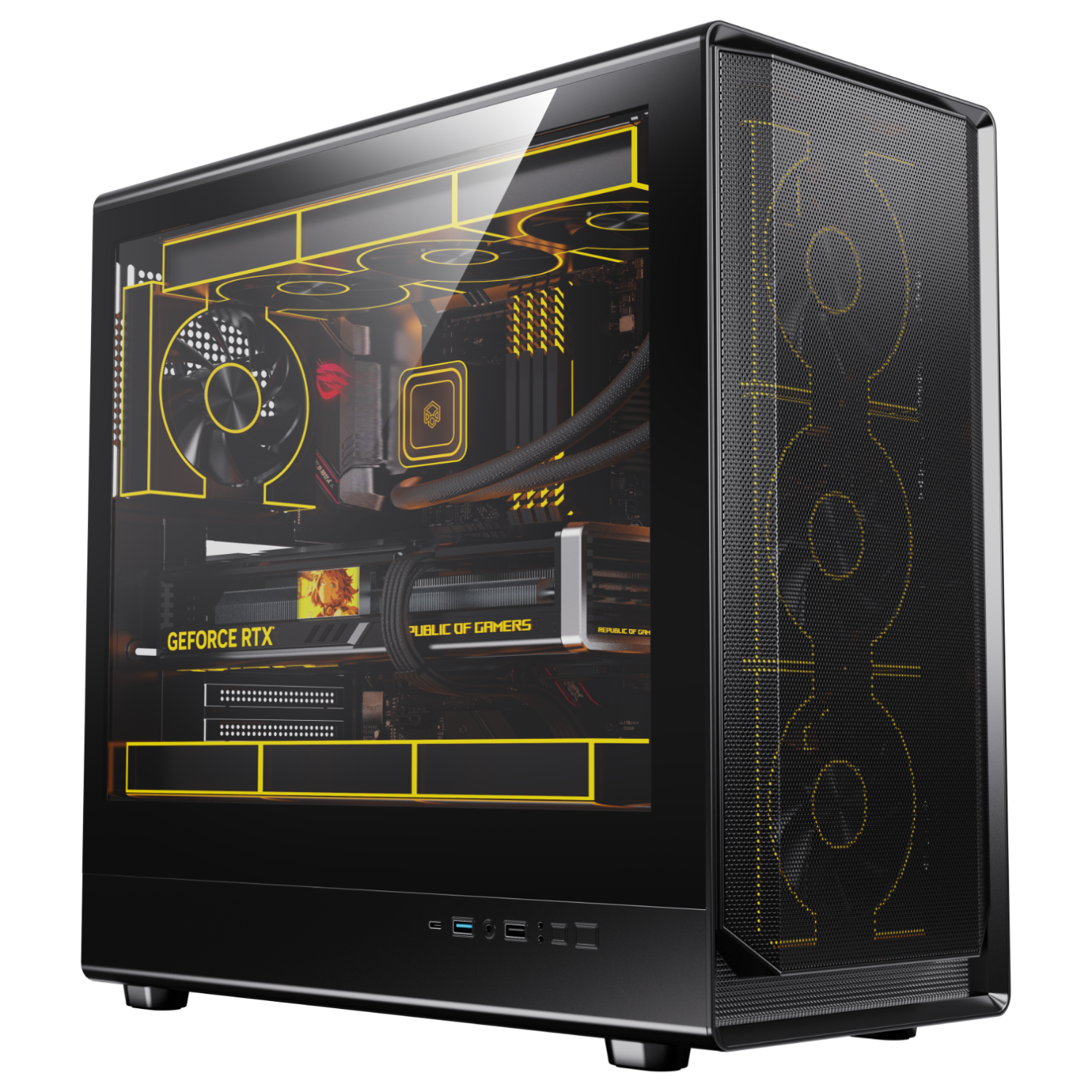 PADO Zhelong L6 Black Glass Side-Transparent Mesh Desktop Computer Case, TYPE-C Ports, Supports 360mm Water Cooling, ATX Motherboard, Ventilated Case, Dust-Proof Heat Dissipation, 5090