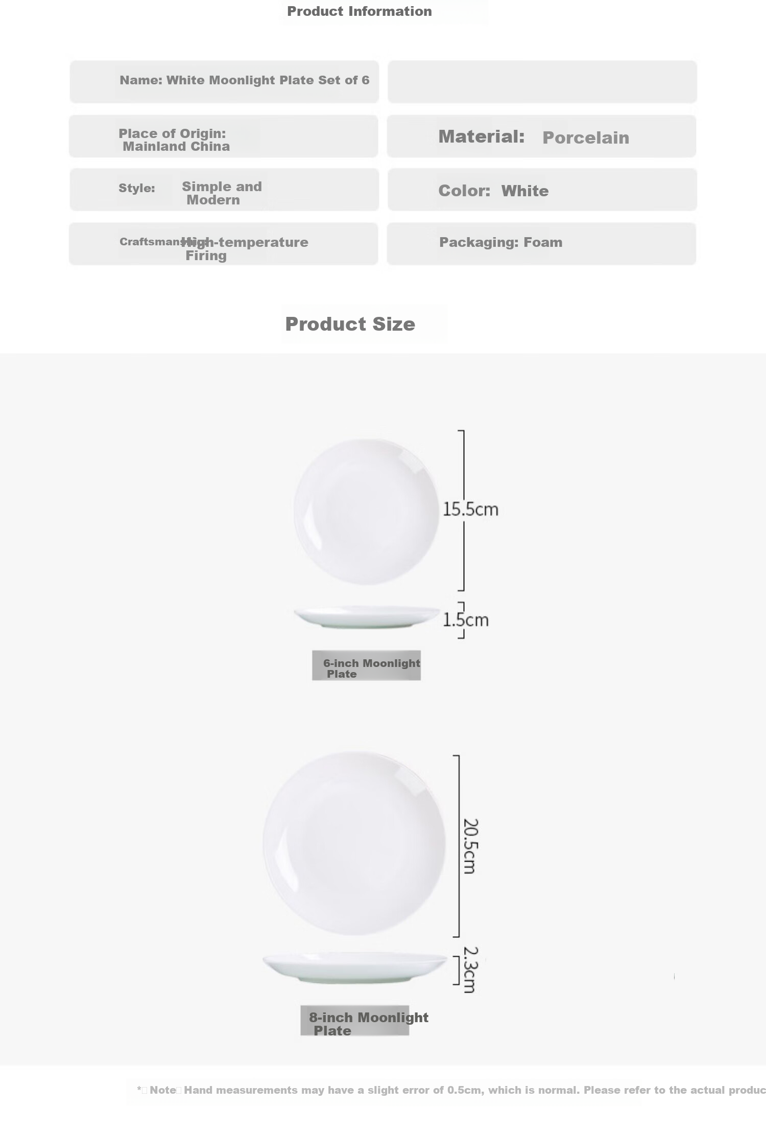 Wanxiang Pure White Underglaze Ceramic Plates And Dishes Set of 6, Round Home Dining Plates, Simple Western-Style Plates, Approximately 8 Inches, Shallow Plates, Six Pieces 6