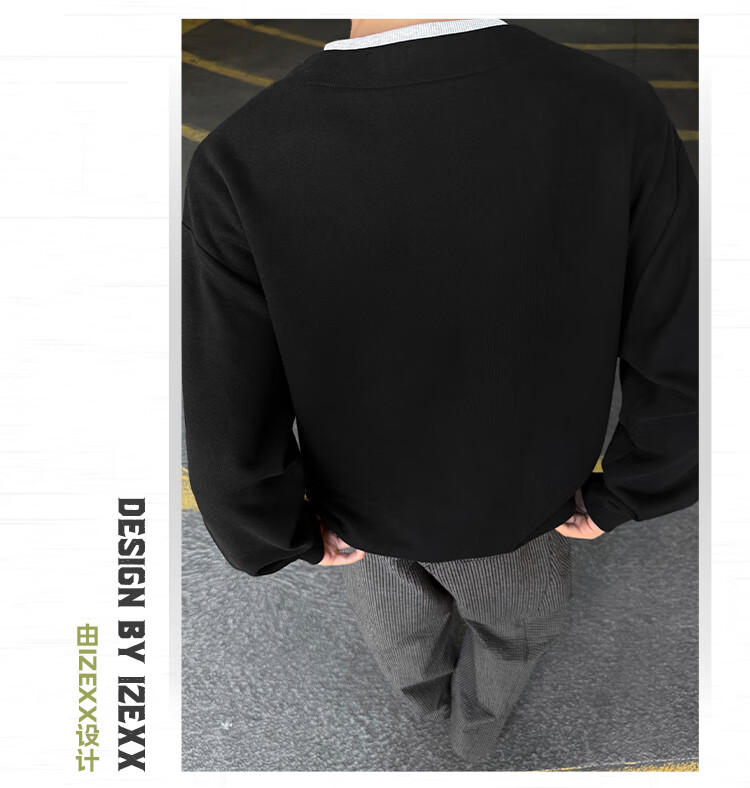 IZEXX Men's Two-Piece Style Henry Collar Sweatshirt Autumn Crewneck Simple Versatile Loose Fit Base Shirt JW19 Black 3XL 2