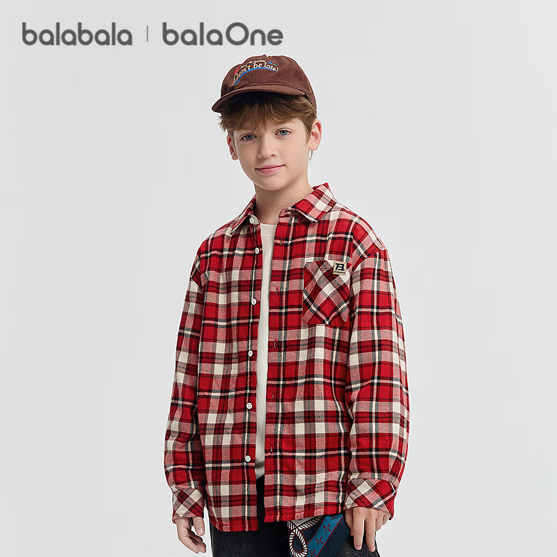 BALABALA Boys' Shirt Children's Big Kids 2025 Autumn Winter Fleece Lined Warm Plaid Casual Shirt 208425102101