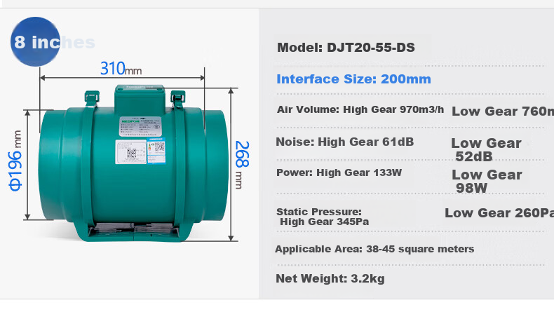 Nedfon DJT10-23 Diagonal Flow Duct Fan, 4-Inch Kitchen Exhaust Fan, Bathroom Ventilation Fan, Powerful Extractor Fa 4