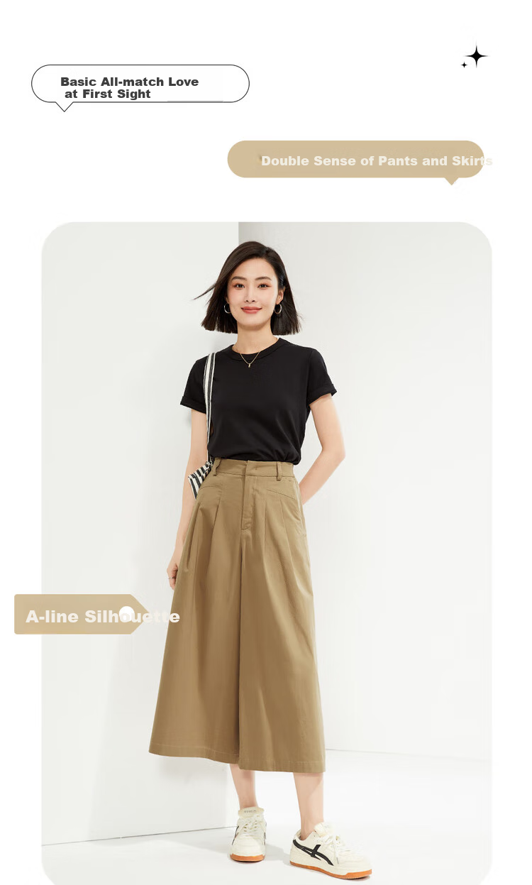 Giordano Women's Cropped Pants, Summer New Style, Pure Cotton Pleated Wide-Leg Pants, Semi-Elastic Waist, Thin Skirt Pants, 05425328 5