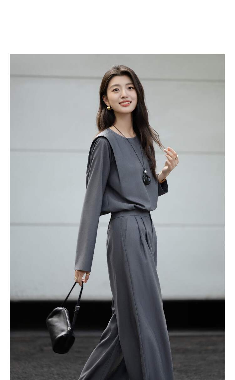 Dme [Zhi Xi Ge Lei Set] Autumn Design Shoulder-Padded Round Neck Top and Wide-Leg Suit Pants Women's Two-Piece Set 1