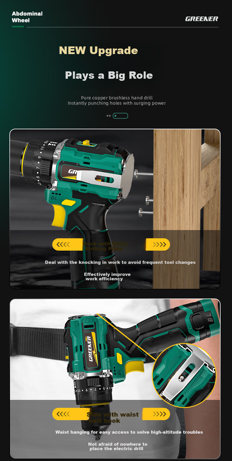 GREENER Dagaopao 16.8V Brushless Impact Drill Lithium Electric Screwdriver [Impact + Hammering] 70N.M One Battery 2