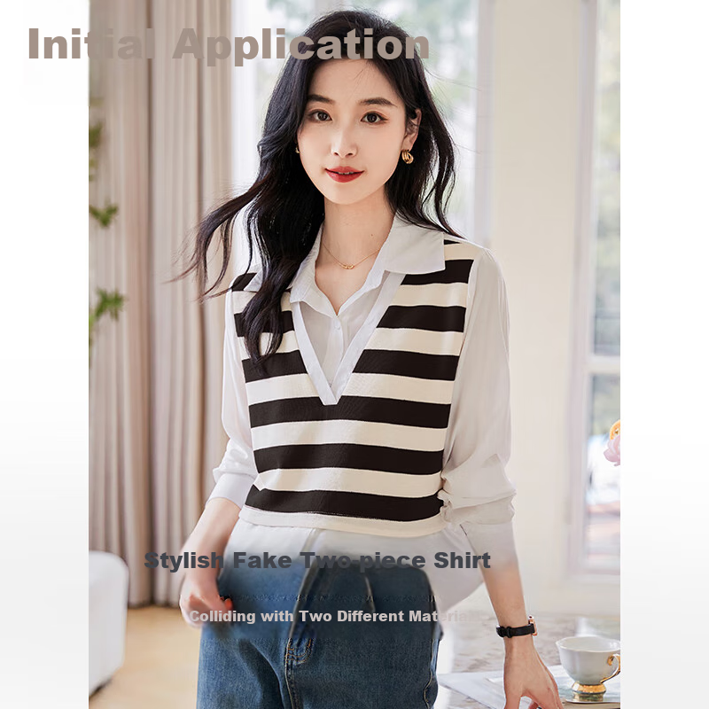 Chushen Thin Long-Sleeve Blouse for Women, Stylish Faux Two-Piece Striped Casual Shirt Top S13QC2942