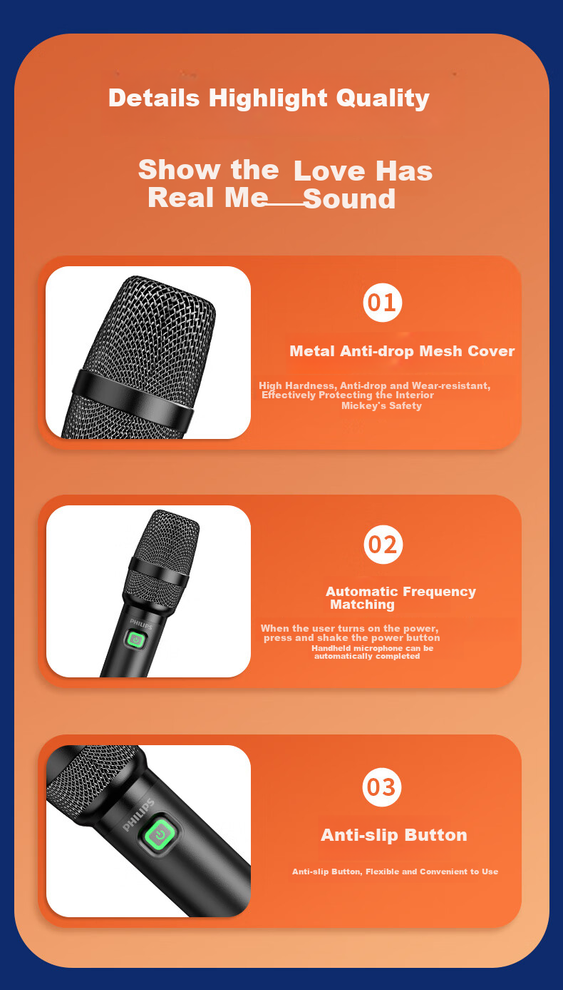 PHILIPS Wireless Microphone for KTV Performances, 120-Meter Range Transmission, Anti-Howling, Multi-Room Echo, Car-Mounted, Type-C with Built-In Battery 9