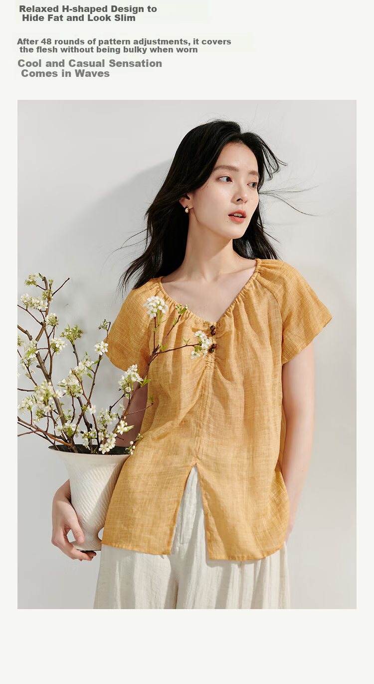 Inman French Style Ramie Cotton Lantern Sleeve Shirt Summer Women's Casual Design Lazy Short Sleeve Top Light Blue XL 5