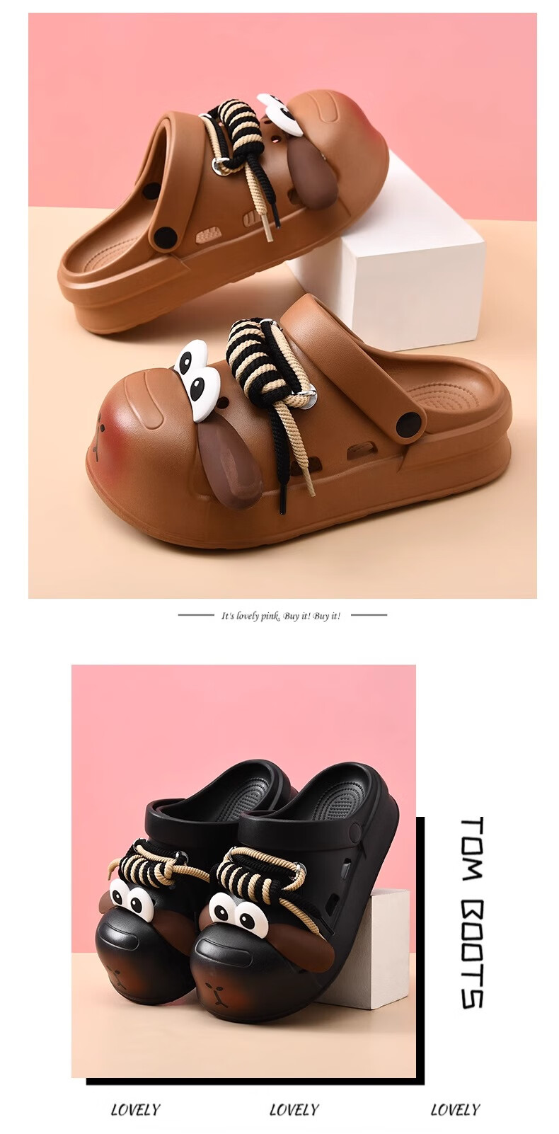 GUOLUOFEI Women's Cute Big Eye Dog Clog Sandals, Soft Sole, Closed Toe, Casual Outdoor Slip-Resistant Thick-Soled Beach Shoes, Brown Size 44-45 7