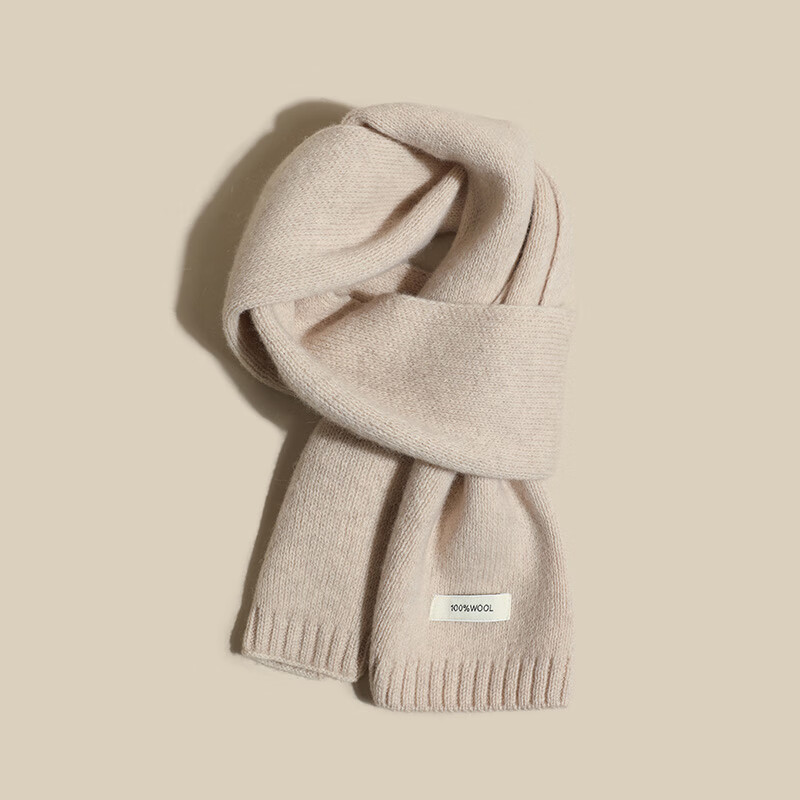 HAOGUAN Red Wool Scarf Women's 2025 New Autumn Winter Korean Style Knitted Neck Warmer Beige