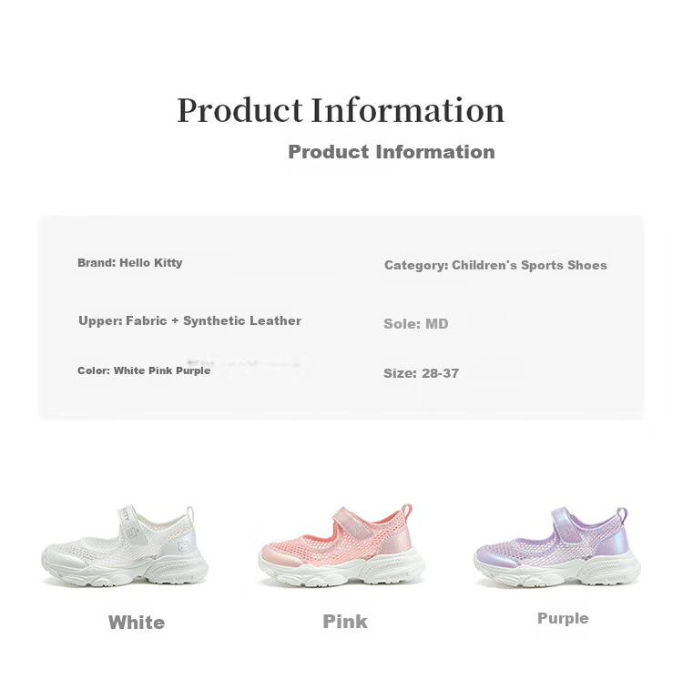 Hello Kitty Girls' Sneakers, Children's Sports Shoes, Single Mesh White Shoes, Breathable Summer Shoes for Kids, Princess Flats, 6849 Purple, Size 37 3