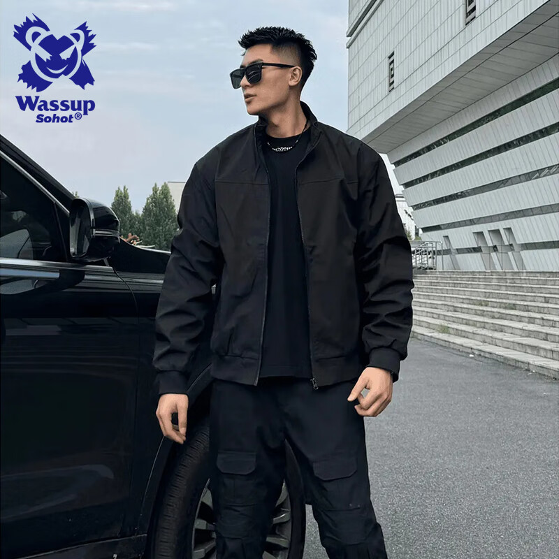 Wassup Sohot Men's Jacket, Autumn American-Style Stand-Up Collar Flight Jacket, Trendy Workwear Outerwear for Men, Black, Size L