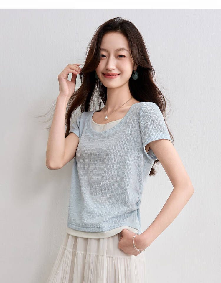 Sentubila Color Block Round Neck Waist Side Pleated Short Sleeve Textured T-Shirt for Women, Summer Commute Fashion Elegant Versatile Top 14