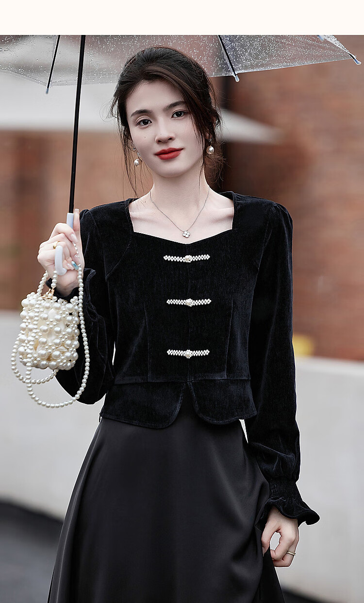 Dme [Xuoxing Wan Yue] Spring And Autumn Style New Chinese-Style Square Collar Shirt with Pearl Buttons, Velvet Blouse Women's Top 11