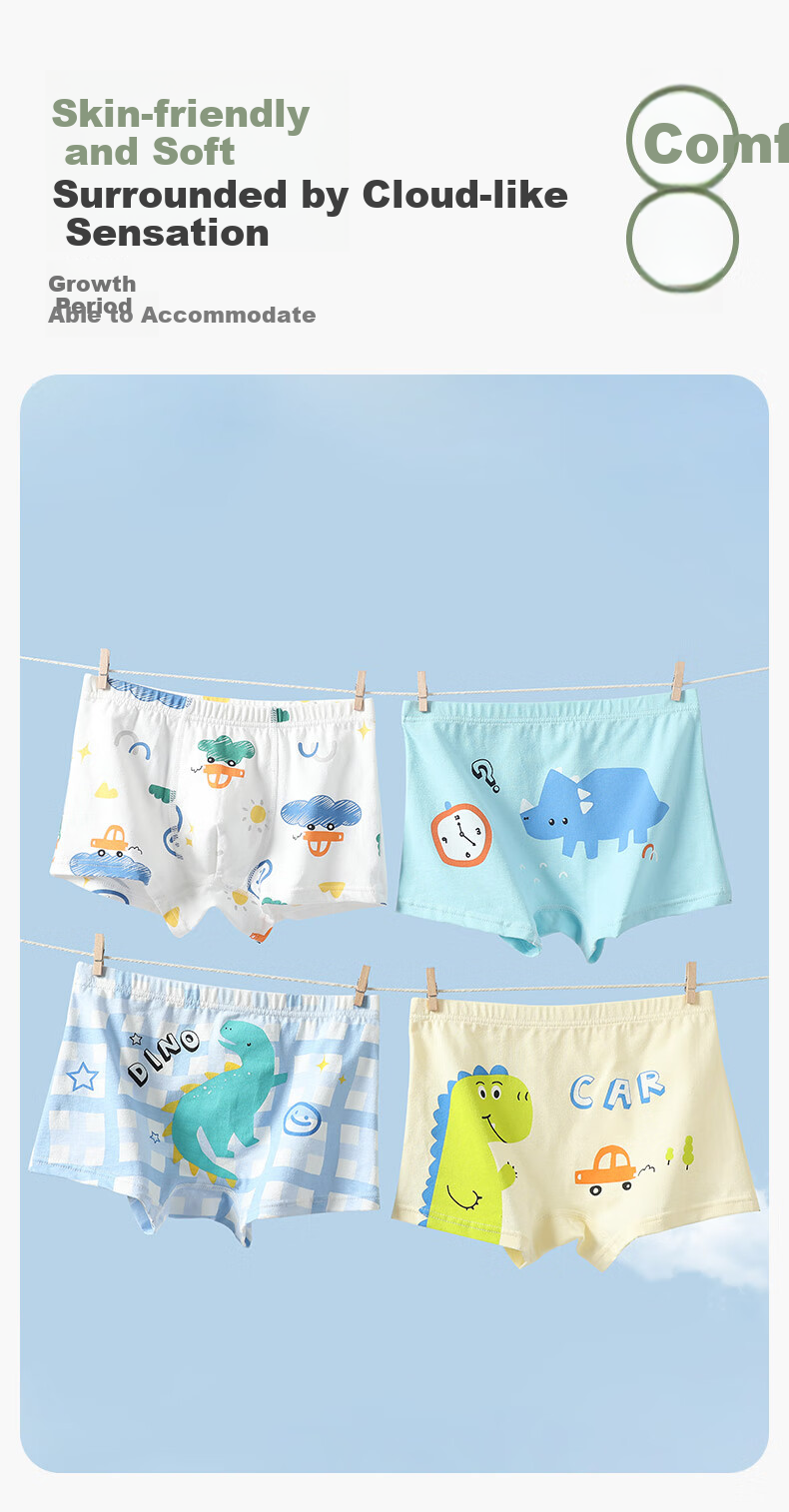 FENTENGCARE Kids Underwear Class A Baby Cotton 7A Antibacterial 5-Pack 100% Cotton Crotch Boys Cartoon Boxer Briefs 6