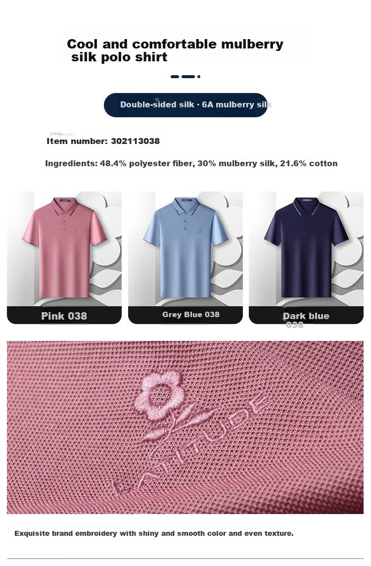 MONTAGUT Premium Mid-Autumn Festival Gift Box Short-Sleeve Polo Shirt for Men, Mulberry Silk Business T-Shirt, Turn-Down Collar, Embroidered, Breathable, Pink, XL 5