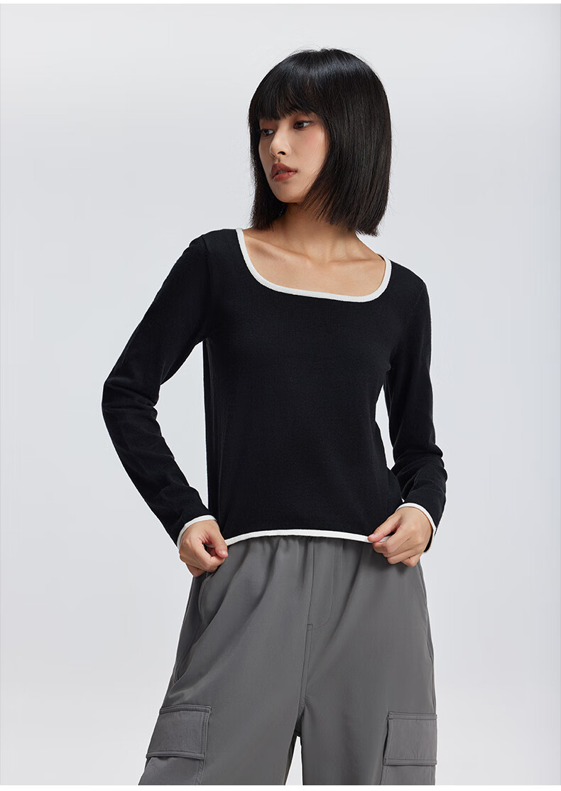 Meters Bonwe Women's New U-Neck Contrast Trim Fashionable Comfortable Base Layer Sweater 11