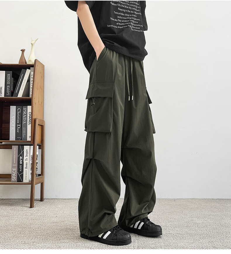Homlean American-Style Wide-Leg Cargo Pants for Men, Summer Straight Loose Paratrooper Functional Tactical Casual Trousers KMX06 Black L 16