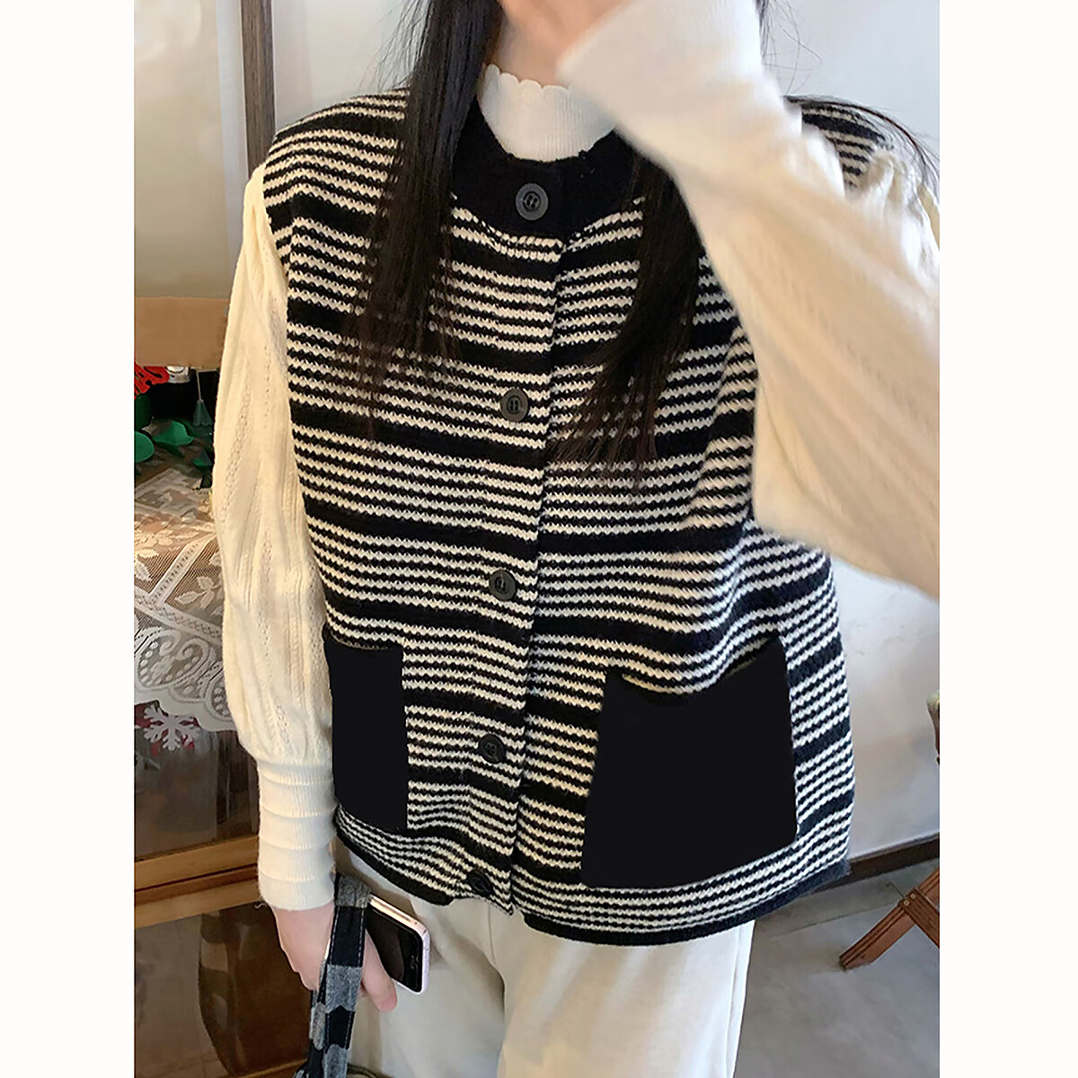 TonLion 2025 Autumn Winter Striped Design Crew Neck Cardigan Vest for Women