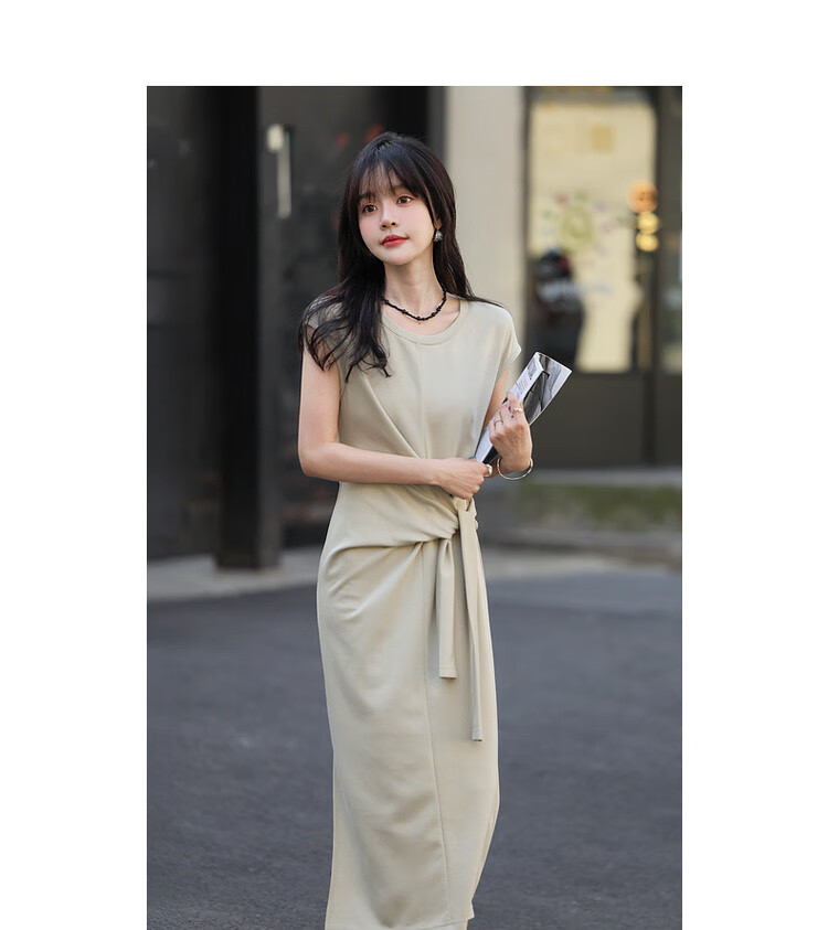 Mt [Asymmetric Aesthetic], Summer Design-Inspired, Tie-Up Slit Round Neck, Elastic Long Women's Dress 11