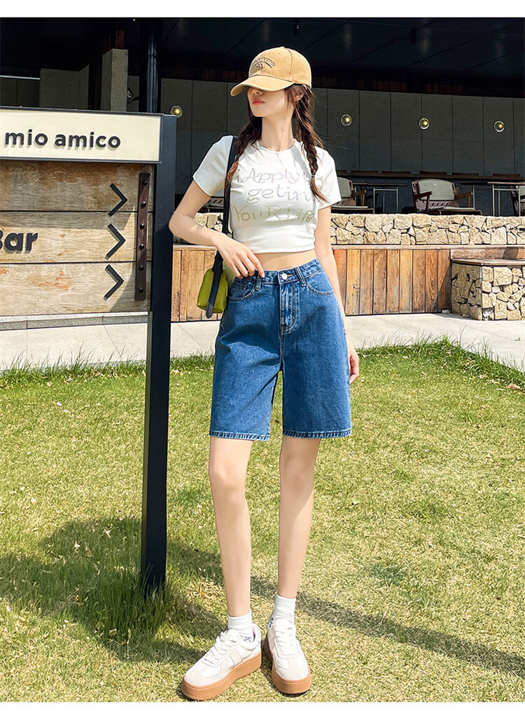 Jeanswest Women's High-Waist Five-Point Summer Loose Straight-Leg A-Line Petite Mid-Length Denim Shorts Dark Blue 25 12