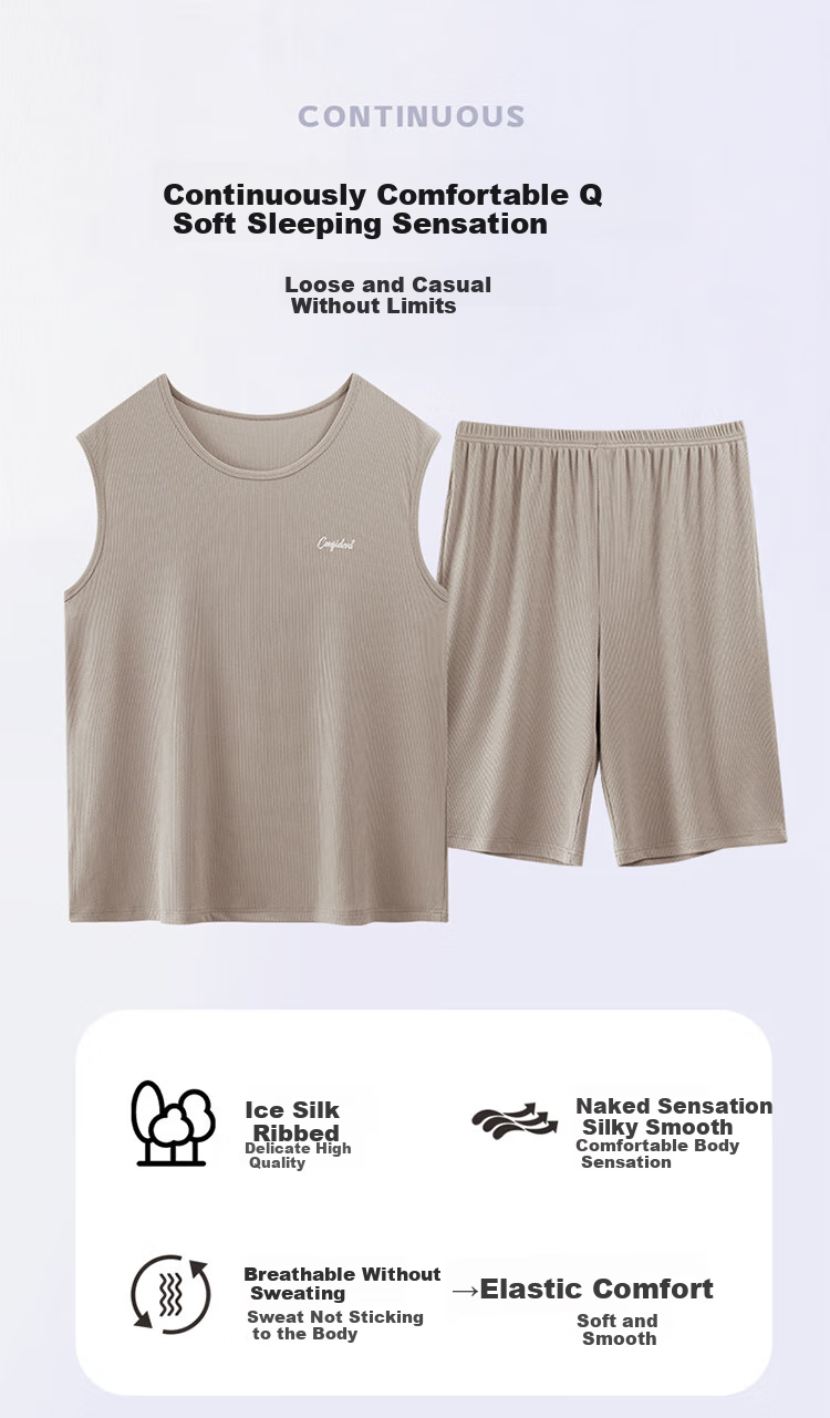 XUEXIMAN Men's Summer Pajamas, Ice Silk Cool-Feeling Sleeveless Tank Top Vest, Casual Loose Loungewear Set 2