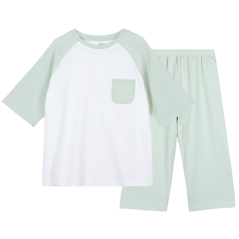Hodo Children's Pajamas, Cotton Summer Thin Style, Boys And Girls Home Wear, Short-Sleeve T-Shirt, Cool And Sweat-Wicking Set, 3255 Grass Green, Size 120