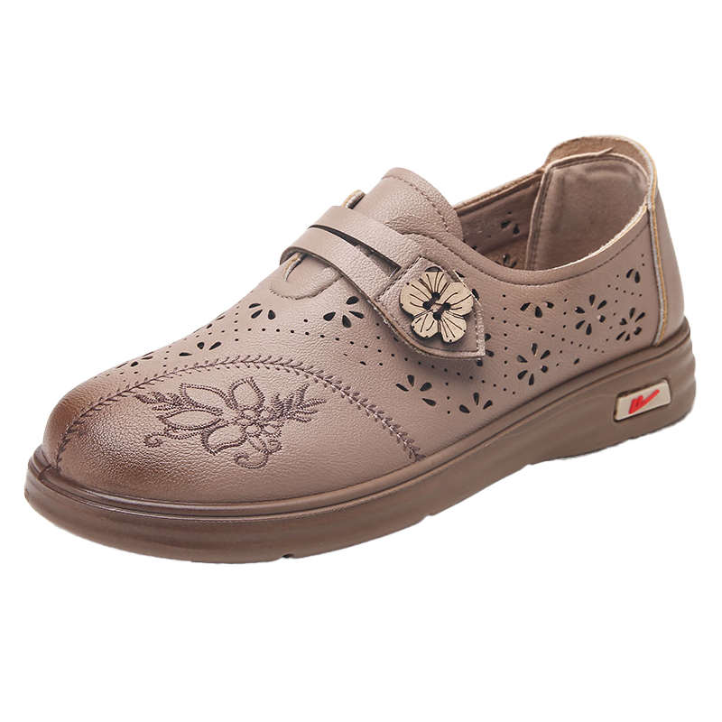 Huili Mom Shoes, Single Shoes, Summer Leather Shoes, Comfortable Soft Sole, for Middle-Aged And Elderly Women, Hollow Design, Non-Slip Sandals, 0125 Khaki, Size 37
