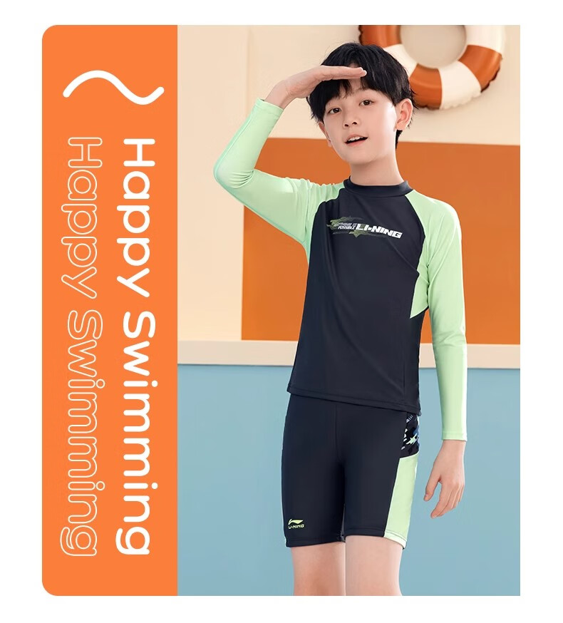 LI-NING Kids Boys Two-Piece Swimsuit Boys New Long Sleeve Swimwear for 6-12 Years Old Youth Hot Spring Bathing Suit 6