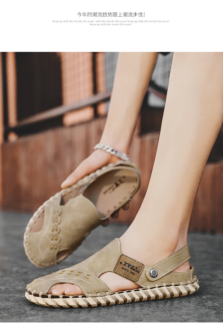 Bull Family Leather Sandals Summer Beach Shoes Men's Driving Outdoor Casual Trendy Soft Leather Soft Sole Handmade Hole Sandals 21