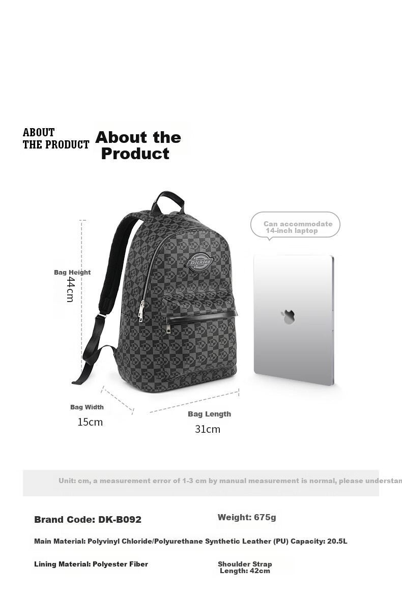 Dickies Backpack for Men And Women, Checkered Fashion Casual Versatile Large Capacity Travel Bag Student Schoolbag Laptop Bag 14 Inch 9