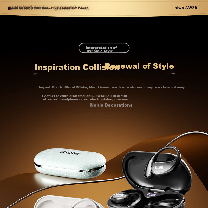 Aiwa AW35 Luxury Leather Texture Bluetooth Ear Hook Open-Ear Sports Running Long Battery Life Headset for Apple Huawei Phones White 14