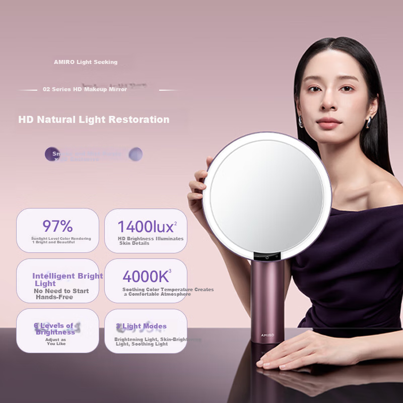 AMIRO LED Smart Makeup Mirror with Light, Desktop Vanity Mirror, High-Definition Fill Light Mirror, Birthday Gift for Women, Luxury, O2 Smoky Purple