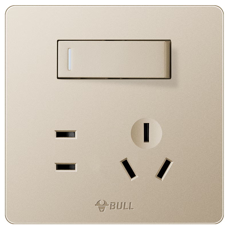 BULL Switch Socket, G12 Series, Single Switch Double Control Five-Hole Socket, Cream Style 86 Type G12E334S, Xingchen Gold