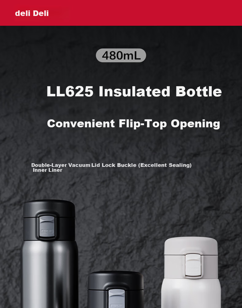 Deli (Deli) Twist-Cap Cup, Insulated Cup, 316L Stainless Steel Water Bottle, Portable Large-Capacity Coffee Mug, 500ml Silver LL626 1