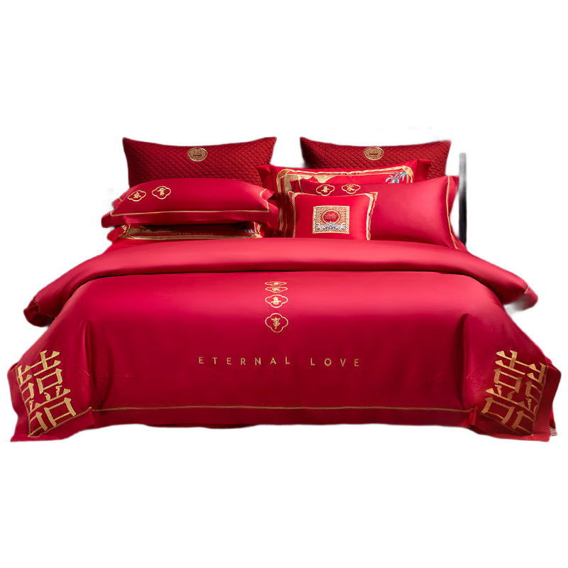 Mercury Home Textile Wedding 8-Piece Set Chinese Embroidered 4-Piece Bedding Sheet Duvet Cover Winter Quilt Bright Red Festive Newlywed Gift for 1.8m Bed