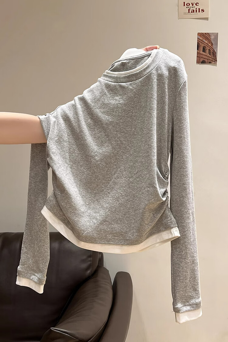 Woodpecker Women's Long Sleeve T-Shirt Round Neck Shoulder Fake Two-Piece Pleated Stretch Slim Waist Base Layer Top Dark Gray 2XL 2