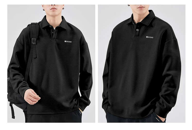 JEEP SPIRIT Men's Long Sleeve Polo Shirt Autumn Lapel Sweatshirt Loose Comfortable Sports Casual Top Black 2XL 11