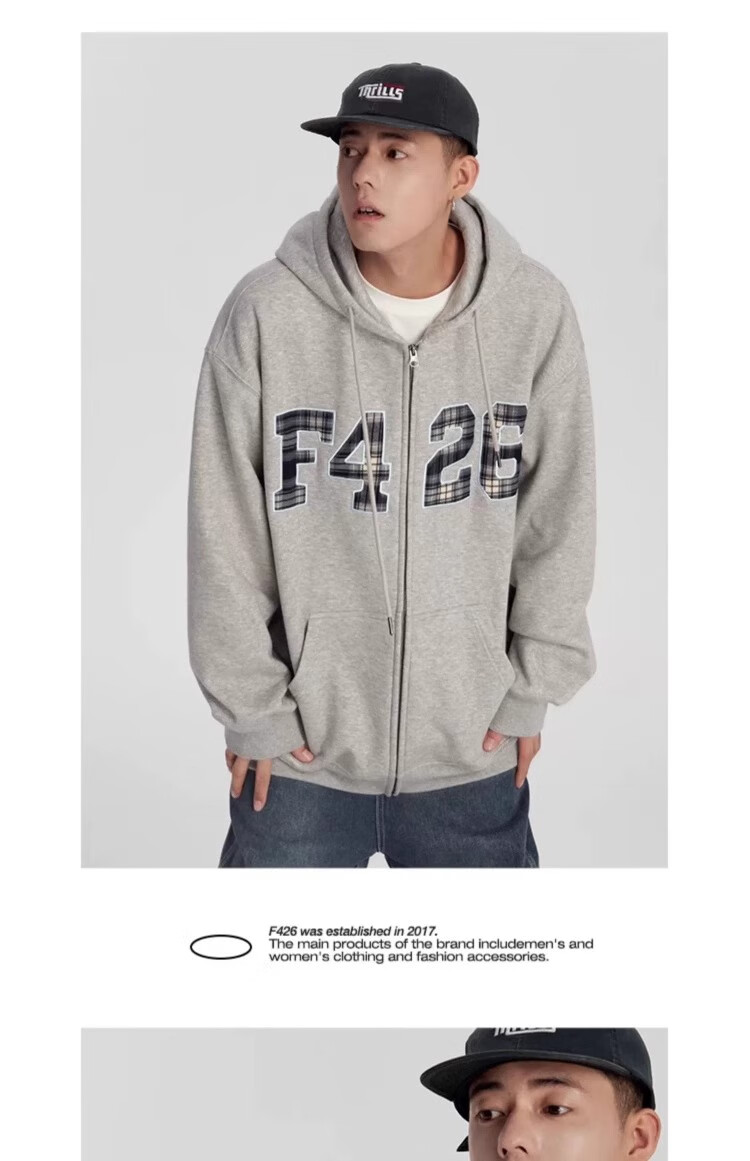 F426 [Zhao Lusi's Style] National Trend Brand Loose Fit Large Logo Plaid Patchwork Embroidered Sweatshirt Jacket, Floral Gray, L 8