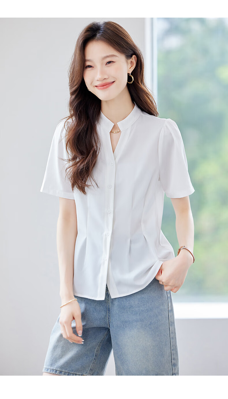 JEANSWEST Women's Short Sleeve Shirt 2025 Summer New High-End Commuter Versatile V-Neck Top White M 9