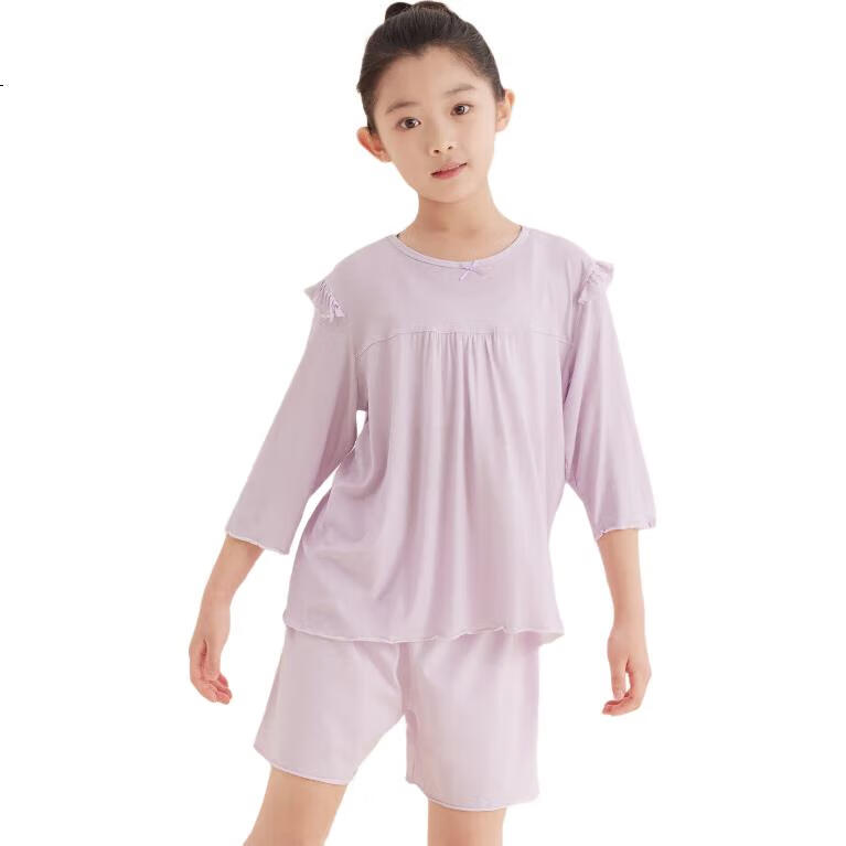 Hodo Children's Pajamas, Three-Quarter Sleeves, Spring And Summer Thin Style, Girls' Loungewear, Youkesi Three-Piece Set J3126 Purple 150