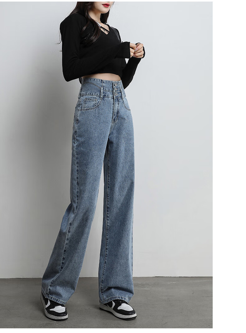 Romon [Cotton Stretch] Women's Summer High-Waist Slim Fit Simple Casual Loose Wide-Leg Jeans Dark Blue S 15