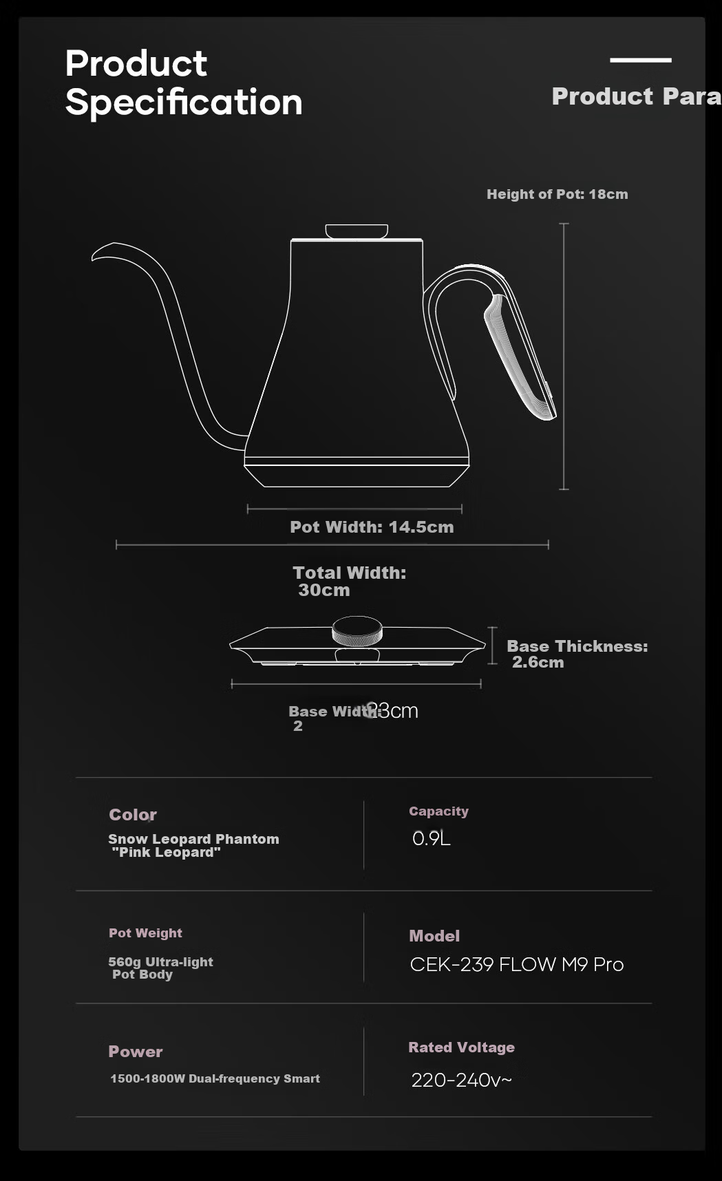 Cocinare Hand-Operated Pour-Over Kettle, Coffee Maker with Temperature Control And Color-Changing Function, Electric Kettle for Brewing Coffee, C Jia M9Pro Pink Panther 0.9L 7
