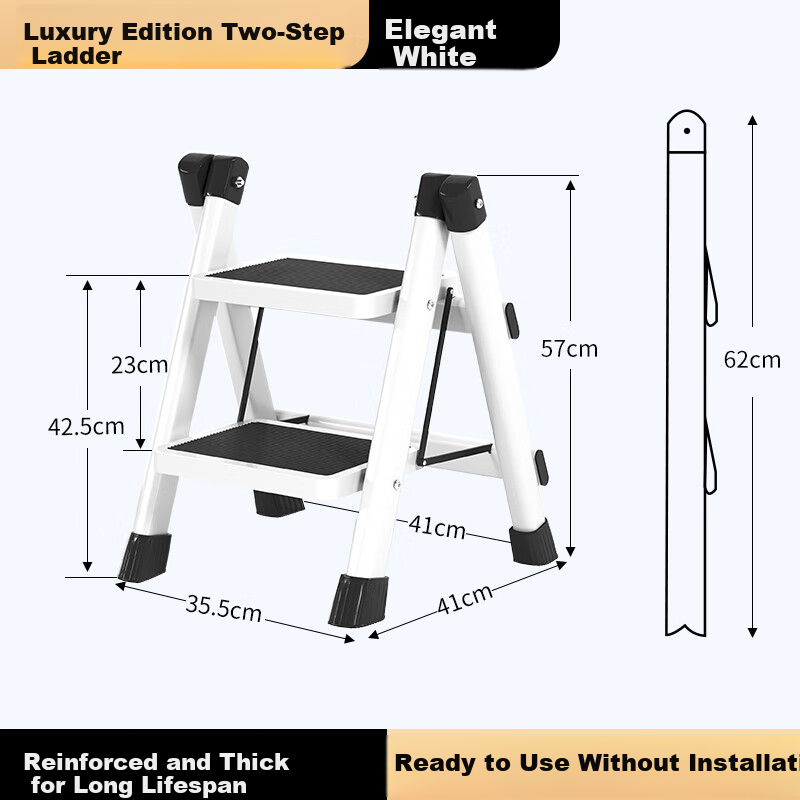AOZHI Folding Ladder, Household Ladder, Multifunctional A-Frame Ladder, Portable Storage Rack, Carbon Steel Flower Stand Ladder, Elegant White Two-Step