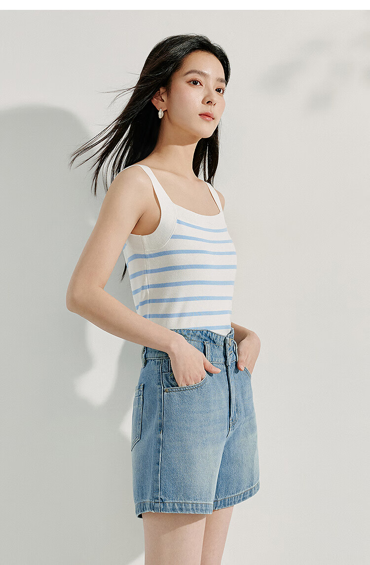 INMAN Striped Square Neck Knitted Camisole, 2026 Summer Women's New Short Fitted Top, Black, Size L 27