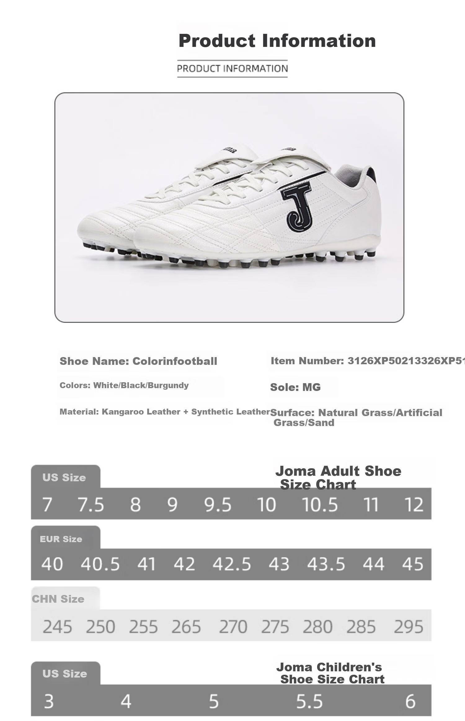 JOMA Kangaroo Leather Soccer Shoes for Men, Women, Adults, Children, Teenagers And Students MG Stud Soccer Cleats for Matches And Training, White, Size 40 6