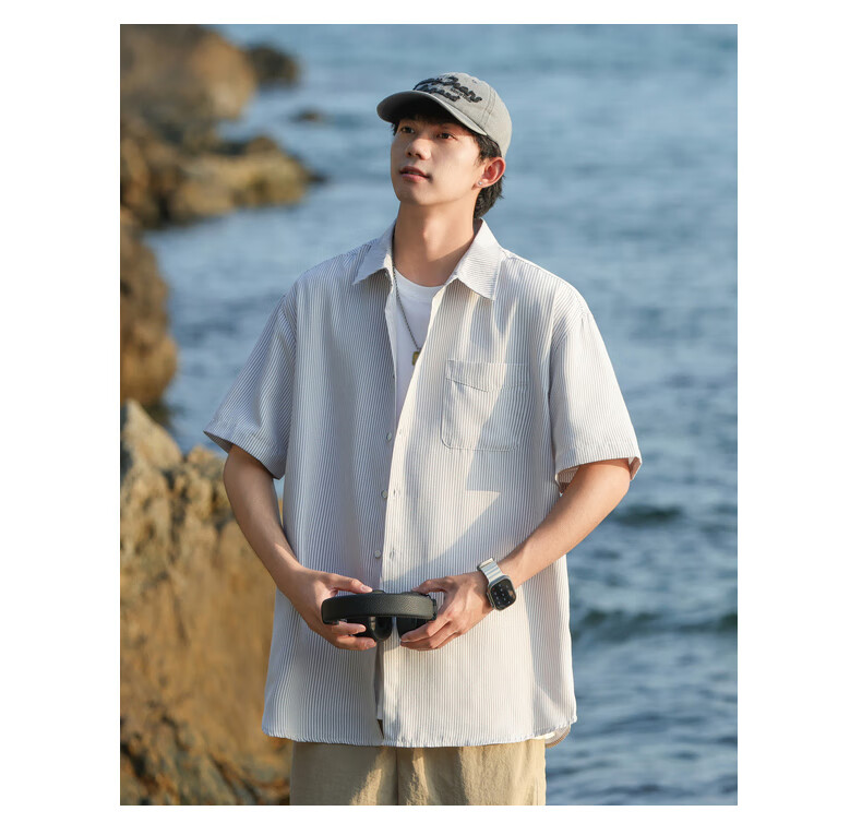 SWAMP AREA Japanese-Style Short-Sleeve Shirt for Men, Summer Trendy Versatile Loose Striped Workwear Shirt Jacket CS2512 Blue XL 2