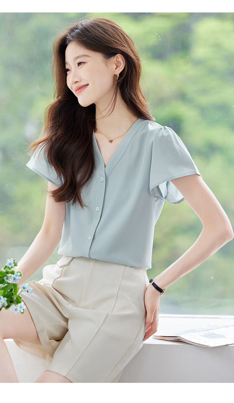 Jeanswest Women's Shirt 2026 Summer Short Sleeve Elegant Versatile Fashion V-Neck Solid Color Top Blue L 10