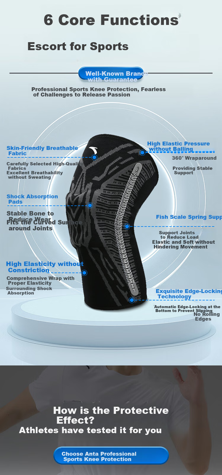 ANTA Sports Knee Brace for Basketball, Running, Badminton, Lightweight Breathable Meniscus Ligament Protective Gear, Gray, Size M, Single Pack 3